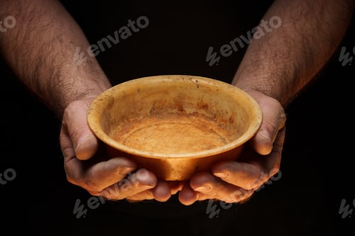 Preview: Male hands holding empty plate on dark background, lack of food, hunger concept.