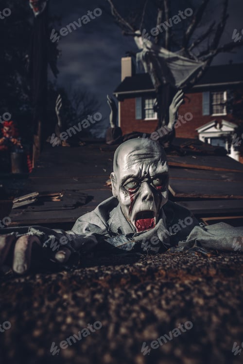 Preview: A terrifying zombie crawling out of the sewer drain in a Halloween yard display.