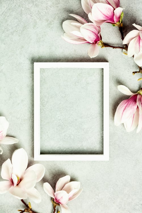 Preview: Photo frame mock up with space for text and beautiful spring magnolia flowers