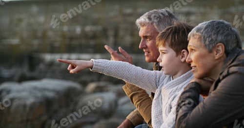 Preview: Grandparents, grandchild and pointing on beach, outdoor and seashore for bonding together. Senior p