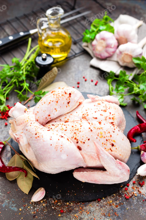 Preview: Raw chicken. Fresh whole chicken with ingredients for cooking