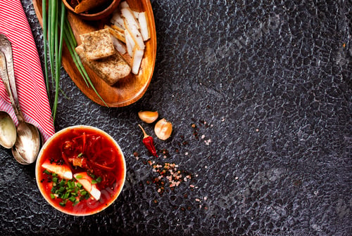 Preview: Russian beeet soup borsh, linen tablecloth, green