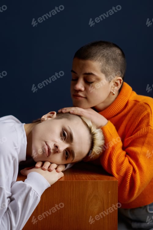 Preview: Portrait of two beautiful young lesbian woman couple posing for camera