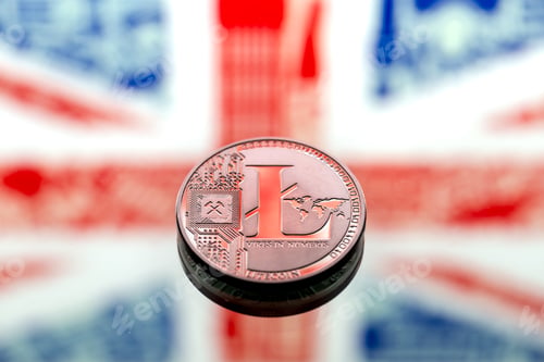 Preview: Coins litecoin, on a background of Great Britain and the British flag.