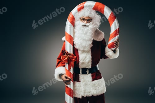 Preview: smiling santa claus in costume standing with big striped christmas stick isolated on grey background