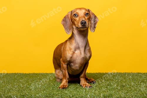 Preview: Studio portrait of a dachshund on yellow background