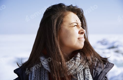 Preview: Woman outdoors traveling in winter icy landscape