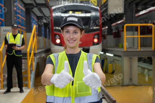 Preview: Portrait of Engineer train Inspect the Railway Electrification System track in depot of train