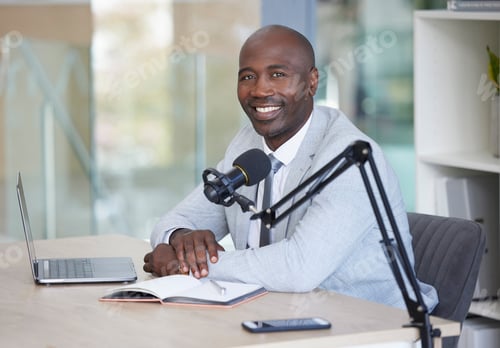 Preview: Podcast, portrait and black man with microphone, radio broadcast or content creation in office, lap