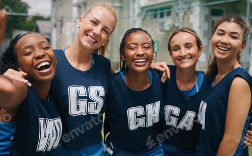 Preview: Netball huddle portrait, girl team smile and together for training workout, happy sport and diversi