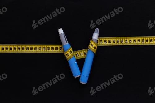 Preview: Two drugs injection pens ozempic for weight loss with a measuring yellow tape