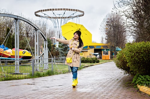 Preview: Happy senor woman in yellow raincoat enjoying life and walking in the park.
