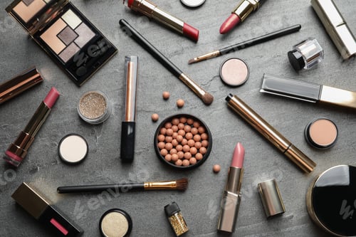 Preview: Set of luxury makeup products on grey background, flat lay