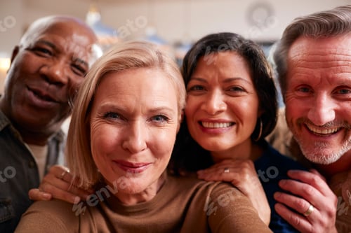 Preview: Group Of Mature Friends Posing For Selfie On Mobile Phone At Home
