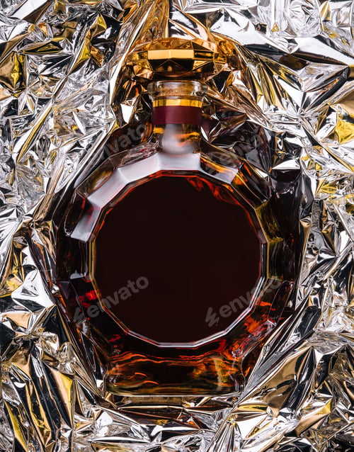Preview: bottle of cognac on silver foil background