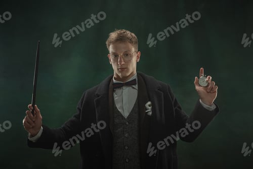 Preview: Young man in art action isolated on dark green background. Retro style, comparison of eras concept