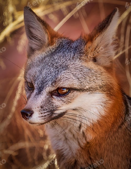 Preview: Fox staring over some dry grass in the sun