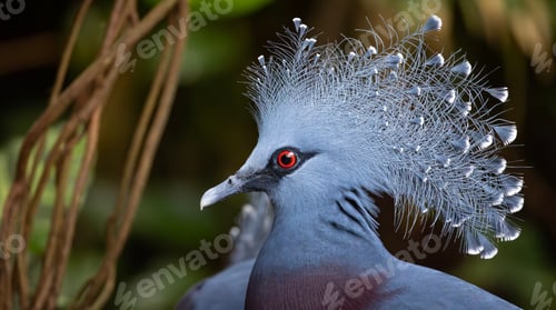 Preview: Closeup of Victoria crowned pigeon perched against green plants