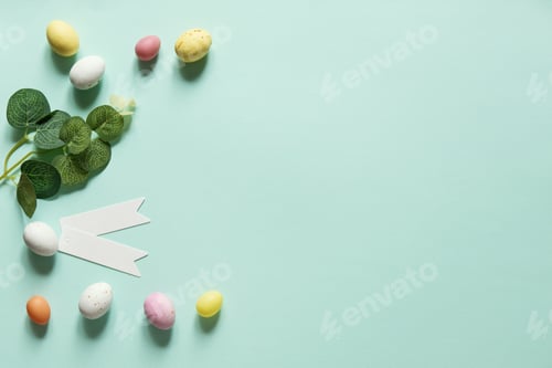 Preview: Happy easter decoration background, colorful eggs on a blue background. Mockup card with copy space