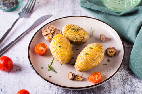 Preview: Baked hasselback potatoes with garlic and rosemary on a plate. Homemade lunch.