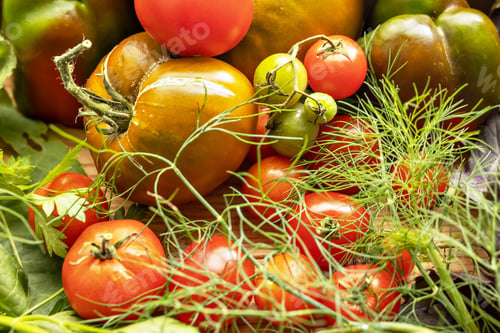 Preview: Ripe vegetables with herbs on a wooden background.Harvest from the garden