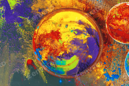 Preview: Indian Holi festival colours in small bowls on dark background