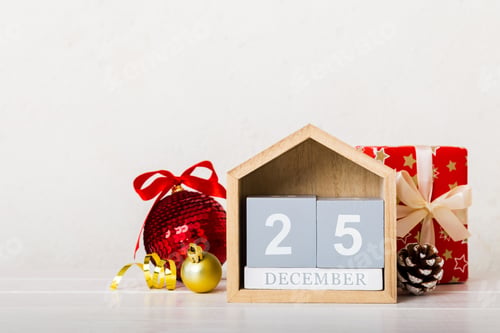 Preview: 1 january. Christmas composition on colored background with a wooden calendar