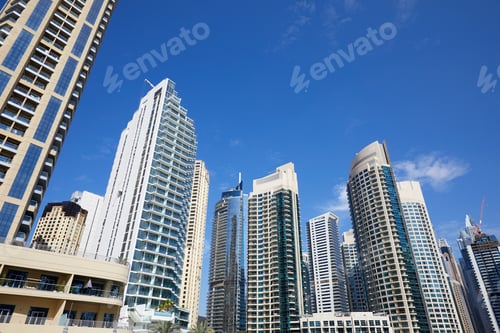Preview: Dubai Marina skyscrapers, low angle view in a sunny day, clear blue sky in Dubai