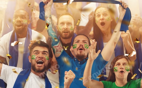 Preview: Group of happy fans are cheering for their team victory. Collage made of 8 models