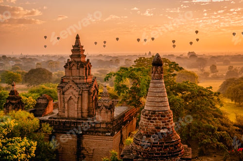Preview: Bagan Myanmar, hot air balloon during Sunrise above temples and pagodas of Bagan Myanmar, Sunrise
