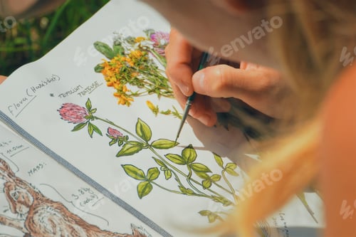 Preview: woman painter/artist painting a picture of a wildflower, outdoors