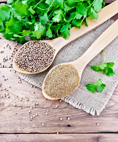 Preview: Coriander ground and seeds in two spoons on old board top