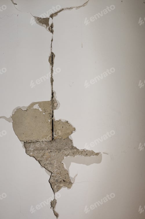 Preview: White wall of the house with a huge crack after earthquake