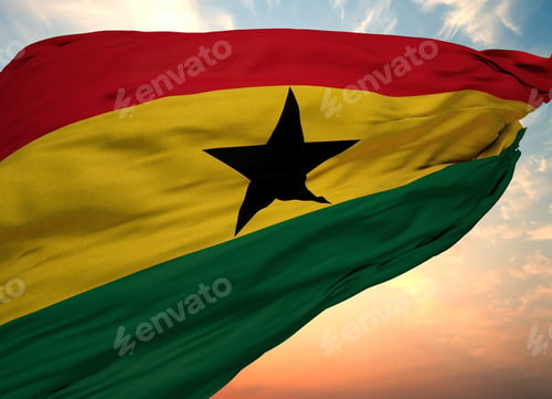 Preview: Closeup view of the waving flag of the Ghana on a background of sunset