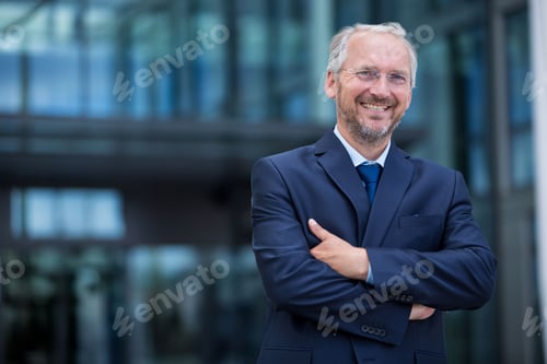 Preview: Male executive standing arms crossed outside glass office building, wearing suit, tie, eyeglasses
