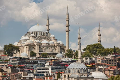 Preview: Suleymaniye mosque. Domes and minarets in Istanbul cityscape. Turkye