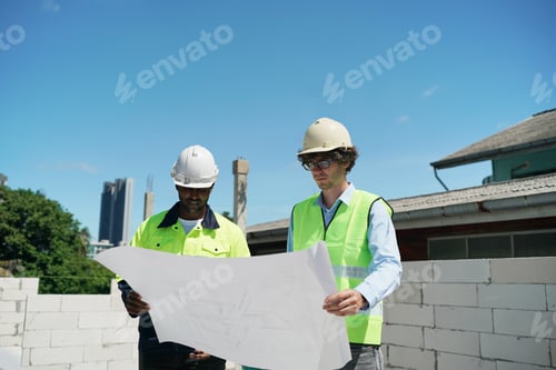 Preview: Architect and construction engineer or surveyor discussion plans and blueprints