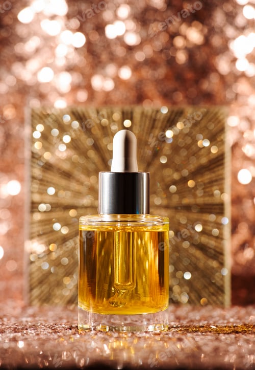 Preview: face oil on sequin dress with gold starburst backdrop