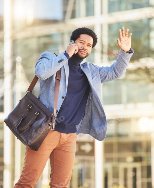 Preview: Wave, taxi and man with phone in city with transportation, travel and commute in cbd for client con