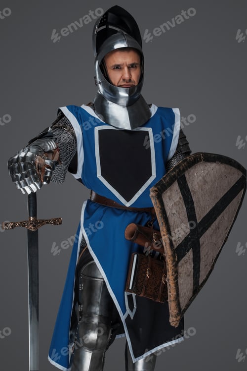 Preview: Valiant medieval warrior wearing armor and blue surcoat