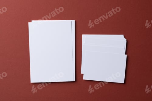 Preview: Blank white business cards on burgundy paper background