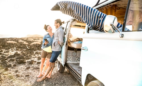 Preview: Young couple on relax moment at vintage minivan roadtrip