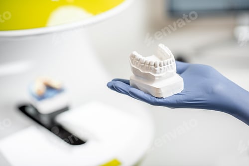 Preview: Holding a gypsum model of artificial jaw at the lab
