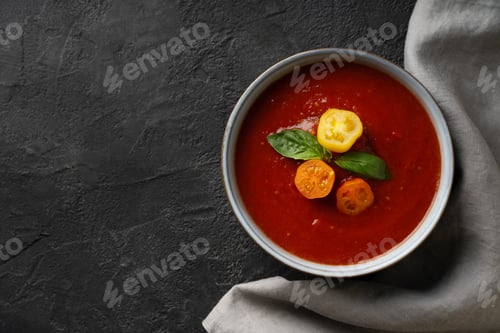 Preview: Gazpacho soup with tomato and ingredients on black background