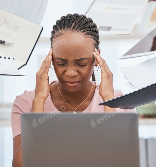 Preview: Stress headache, burnout and black woman overwhelmed with workload at busy office computer. Frustra