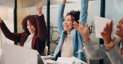 Preview: Group of people, documents and celebrate in meeting, discussion or workshop for success or achievem