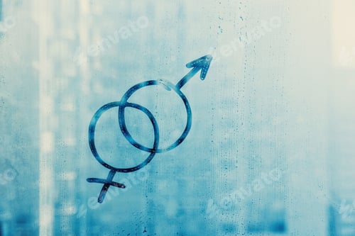 Visualização: two doodle symbols of male and female on foggy blue glass window