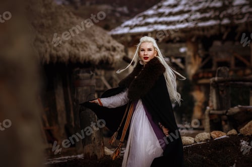 Preview: Beautiful blonde Viking dressed in a black cloak against the backdrop of the castle