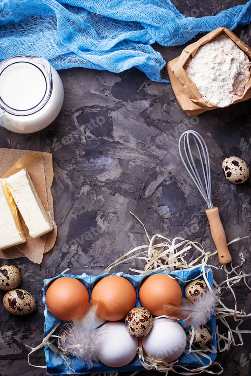 Preview: Milk, butter, eggs, flour. Baking concept