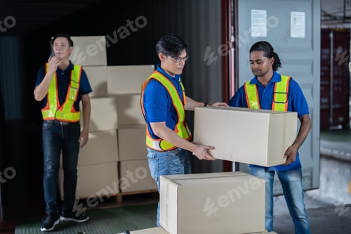 Preview: 4 men Warehouse worker open doors steel 40 feet container
